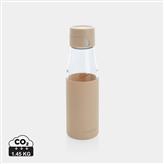 Ukiyo glass hydration tracking bottle with sleeve, brown