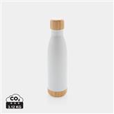 Vacuum stainless steel bottle with bamboo lid and bottom, white